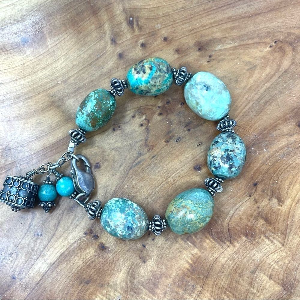 Boho Vintage Sterling Silver Chunky Turquoise nuggets Bracelet with spacers